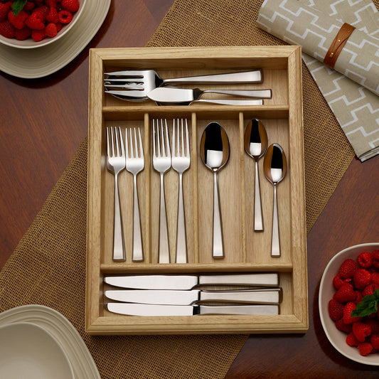 Mikasa Essex Satin 65-Piece Stainless Steel Flatware Set with Wood Caddy - Retail $140