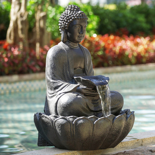 33" Sitting Buddha Waterfall Fountain with LED Accent Lighting - Retail $400