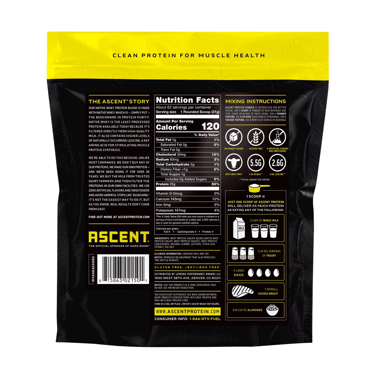 Ascent 100% Whey, Native Whey Protein Blend, Vanilla Bean, 4.25 lbs