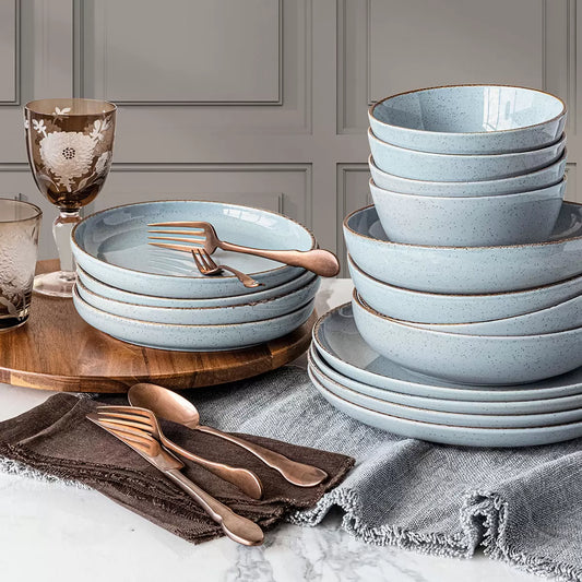 NEW - Costco - Over & Back Blue Stoneware Dinnerware Set, 16 Piece - Retail $49