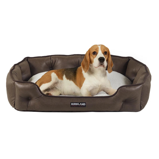 NEW - Kirkland Signature Tufted Cuddler Pet Bed, Brown Faux Leather- Retail $34