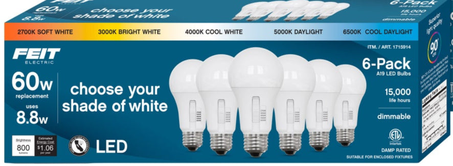 Feit Electric 60W Replacement 5-CCT LED A19 Bulbs, 6 Pack