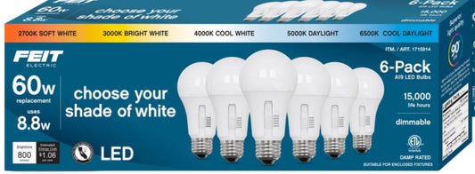 Feit Electric 60W Replacement 5-CCT LED A19 Bulbs, 6 Pack
