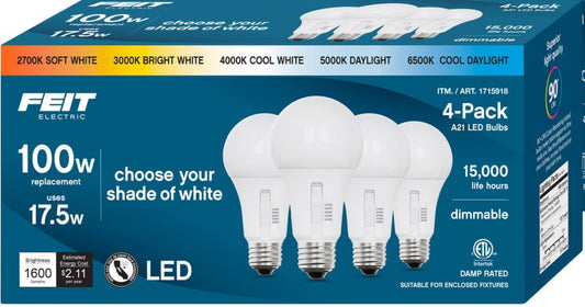 Feit Electric 100W Replacement 5-CCT LED A21 Bulbs, 4-pack
