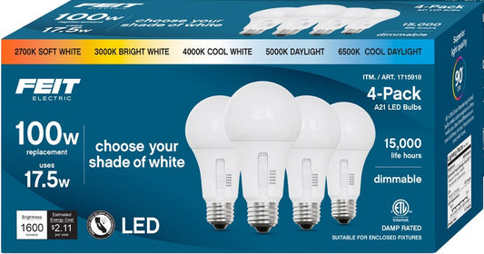 Feit Electric 100W Replacement 5-CCT LED A21 Bulbs, 4-pack