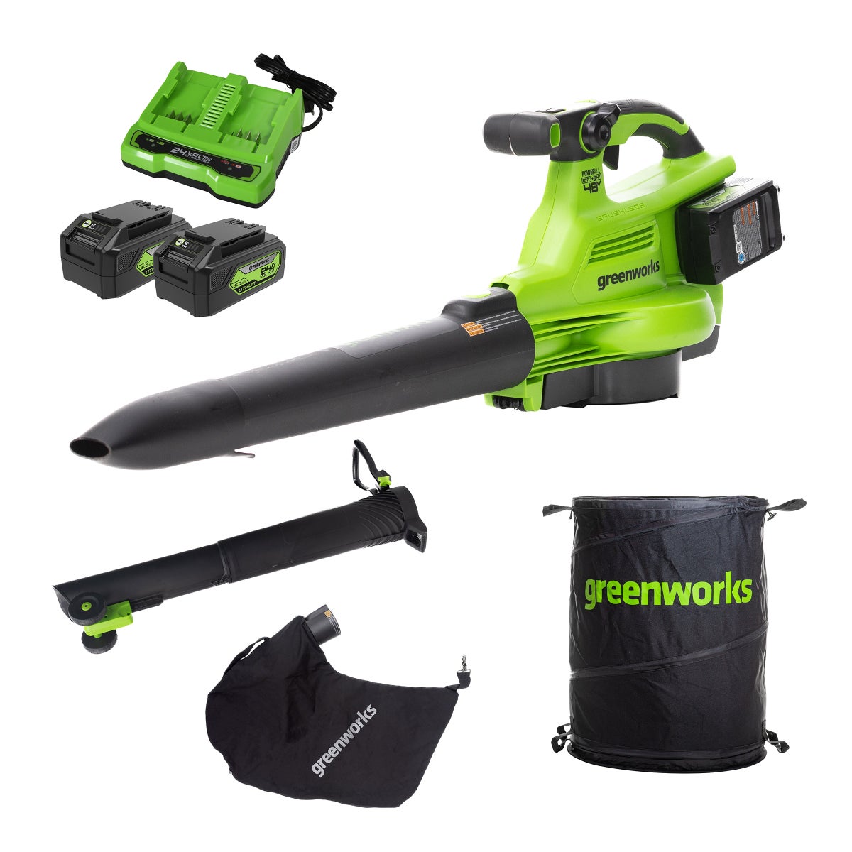 Greenworks 24V Blower/Vacuum with Two (2) 5.0Ah Batteries & Dual-Port Charger - Retail $250