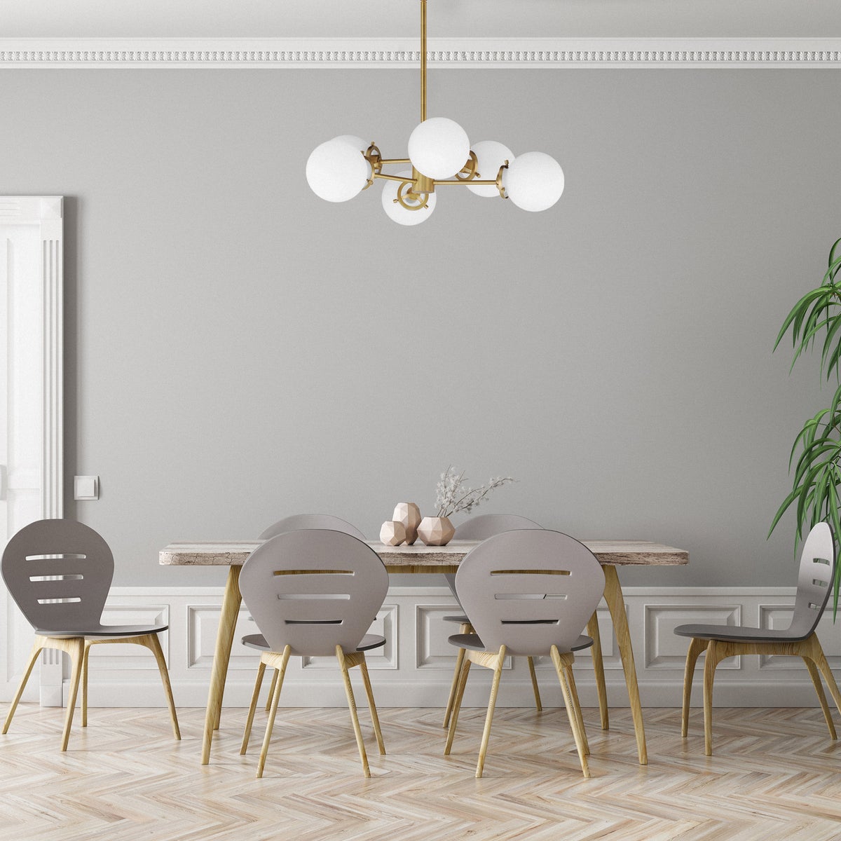 Bistro 6-Light Satin Brass Chandelier with LED Bulbs Included