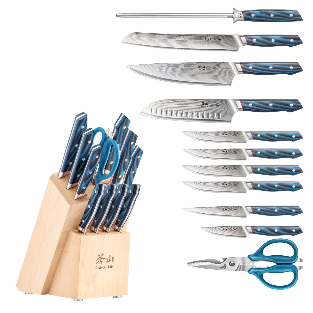 NEW - Cangshan Seagull Series X-7 Damascus Steel 12-piece Knife Block Set