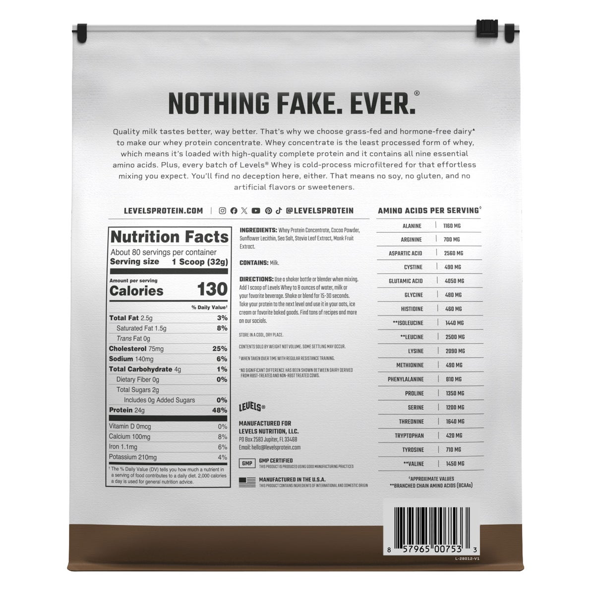Levels Grass Fed Whey Protein, Double Chocolate, 5.64 lbs