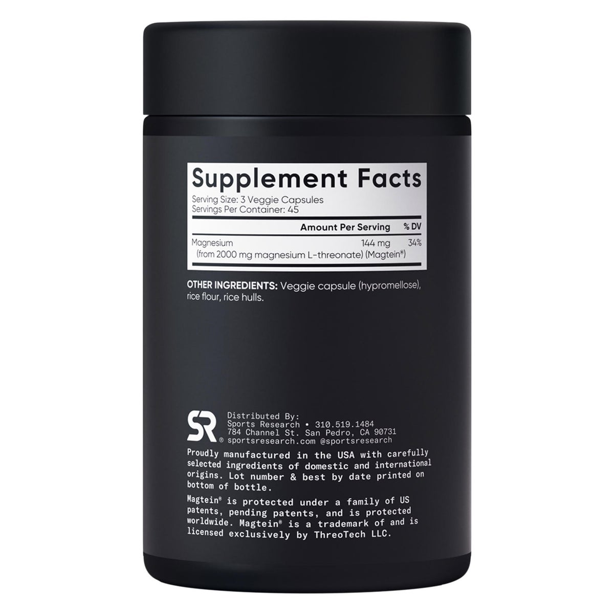 NEW - Sports Research Magtein Magnesium L-Threonate, 2000 mg, 135 Veggie Capsules