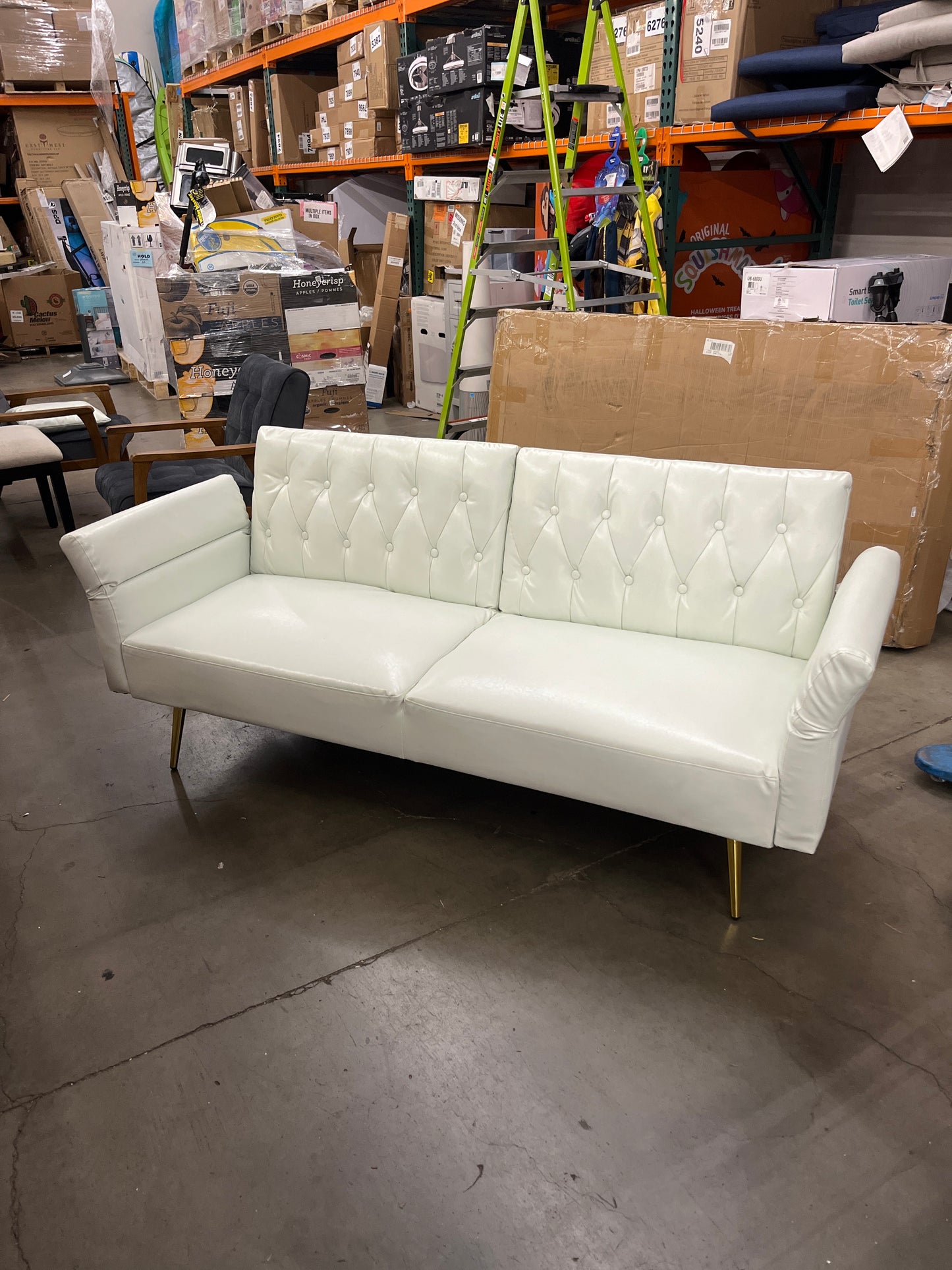 NEW - Elevon Futon Couch, Convertible Futon Sofa Bed, Faux Leather Folding Recliner Sleeper, Modern Lounge Sofa with Adjustable Armrests and Pillow for Living Room, Small Space, Office, Apartment, White - Retail $270