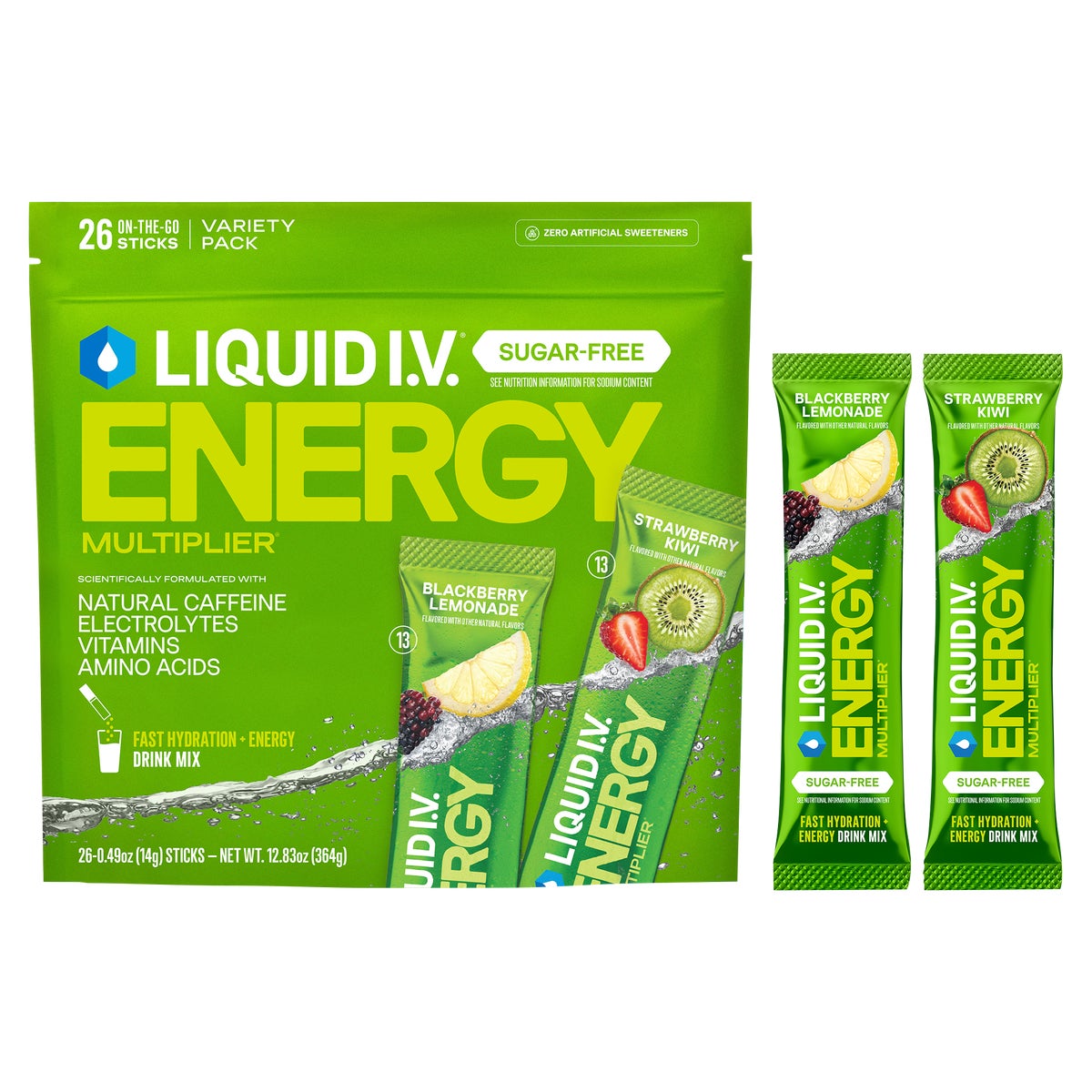 Liquid I.V. Energy Multiplier, 26 Individual Serving Stick Packs in Resealable Pouch, Sugar Free, Variety Pack
