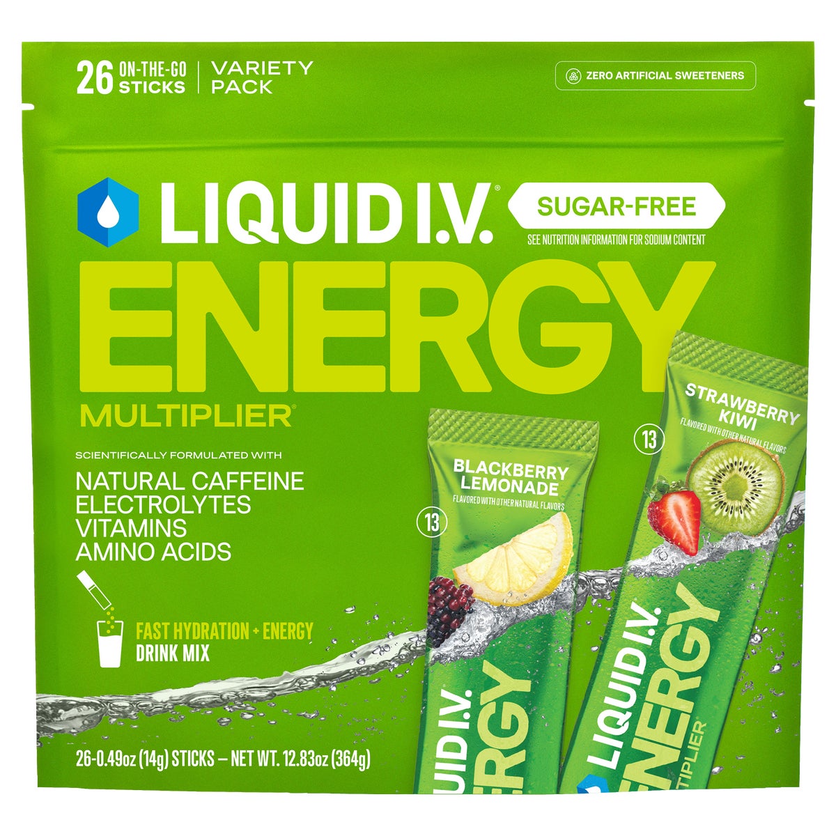 Liquid I.V. Energy Multiplier, 26 Individual Serving Stick Packs in Resealable Pouch, Sugar Free, Variety Pack