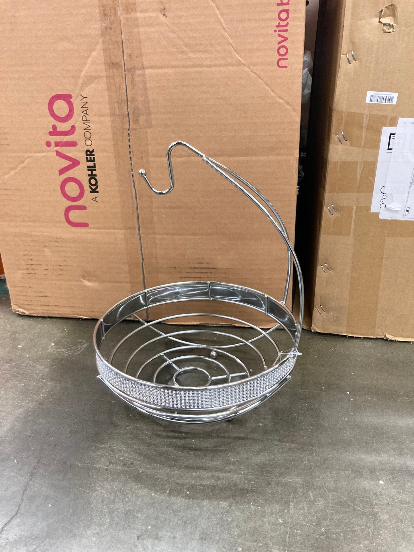 Kitchen Details Round Basket with Banana Tree Hanger, Countertop, Holds and Displays Fruits, Vegetables & Baked Goods, Pantry Storage & Organization, Pave Diamond Design Collection, Chrome Default Title