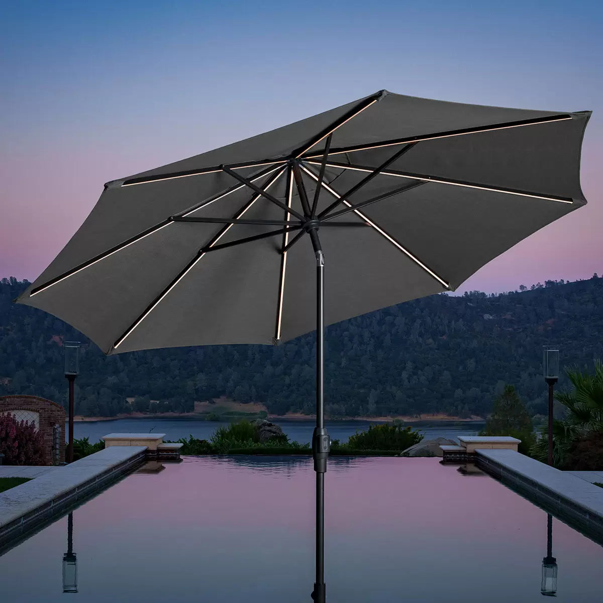 NEW - SunVilla Grey 10ft LED Aluminum Round Market Umbrella