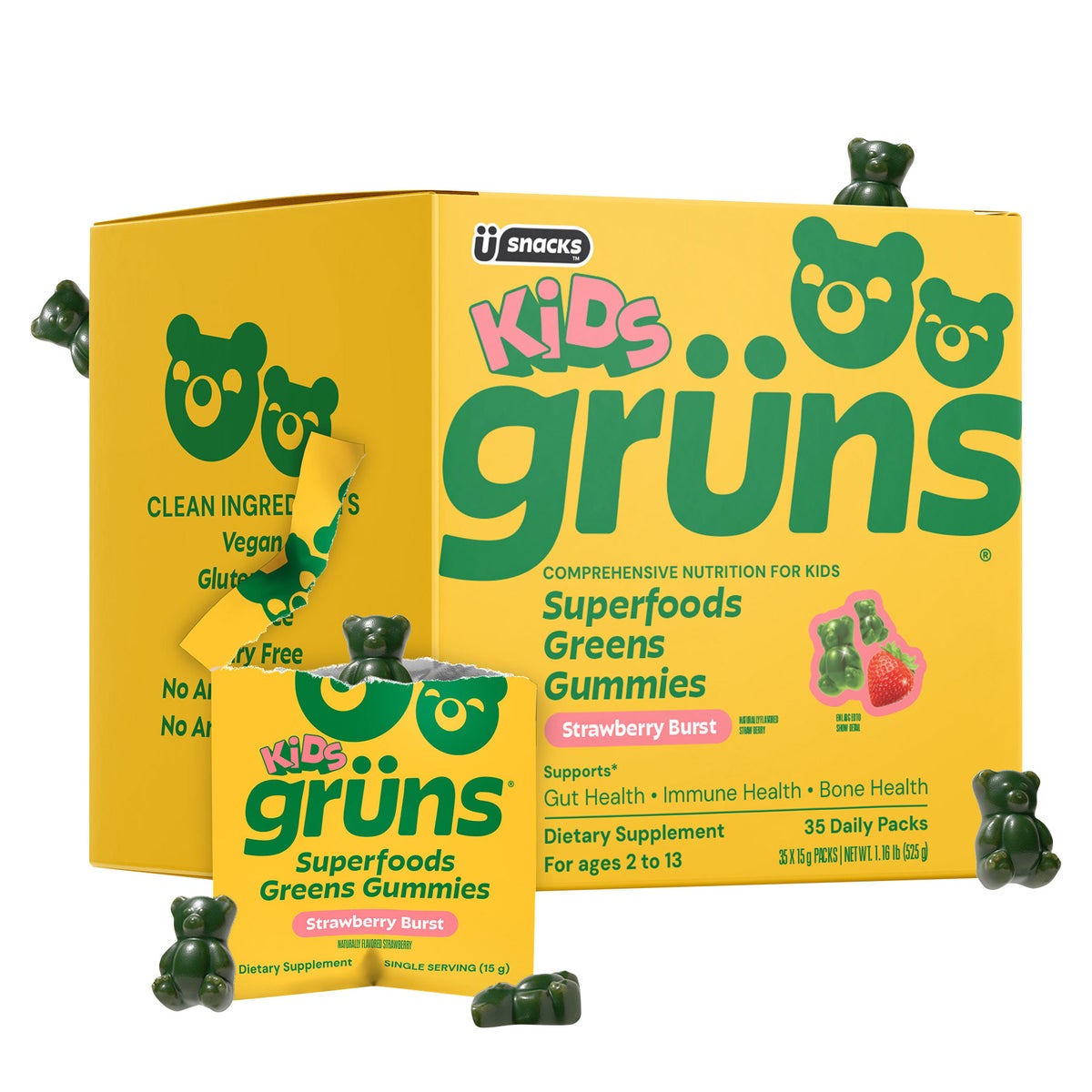 Kids Gruns Superfood Greens Strawberry Burst Flavored Gummies, 35 Daily Packs