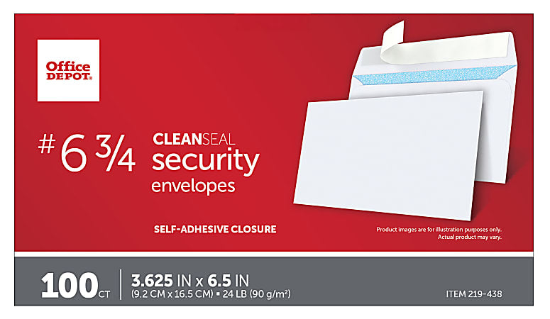 Office Depot® Brand #6 3/4 Security Envelopes, 3-5/8" x 6-1/2", Clean Seal, White, Box Of 100