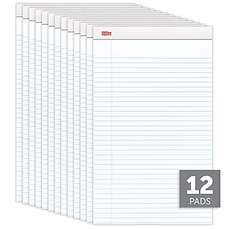Office Depot® Brand Writing Pads, 8-1/2" x 14", Legal/Wide Ruled, 50 Sheets, White, Pack Of 12 Pads