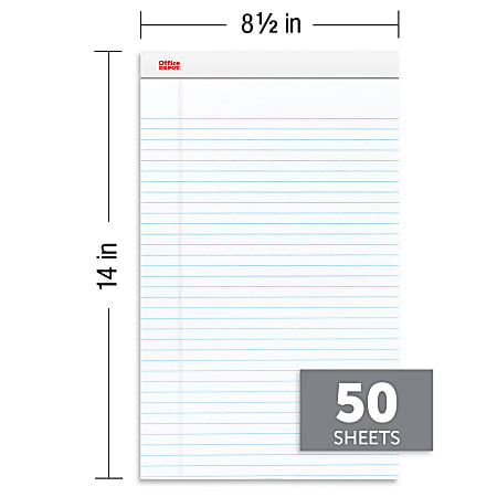 Office Depot® Brand Writing Pads, 8-1/2" x 14", Legal/Wide Ruled, 50 Sheets, White, Pack Of 12 Pads