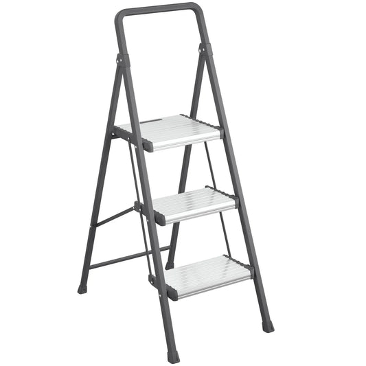Cosco Euro 3-Step Folding Step Stool, Steel Frame with Aluminum Steps, Charcoal Gray