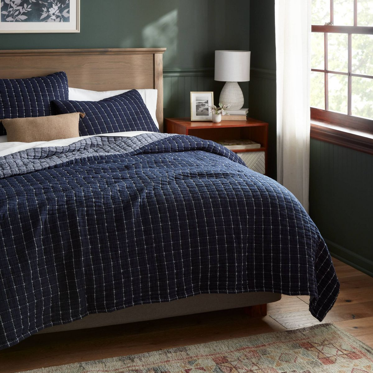 King Yarn Dye Crinkle Grid Quilt Navy Blue/Ivory - Threshold™: Percale, Machine Washable, OEKO-TEX Certified