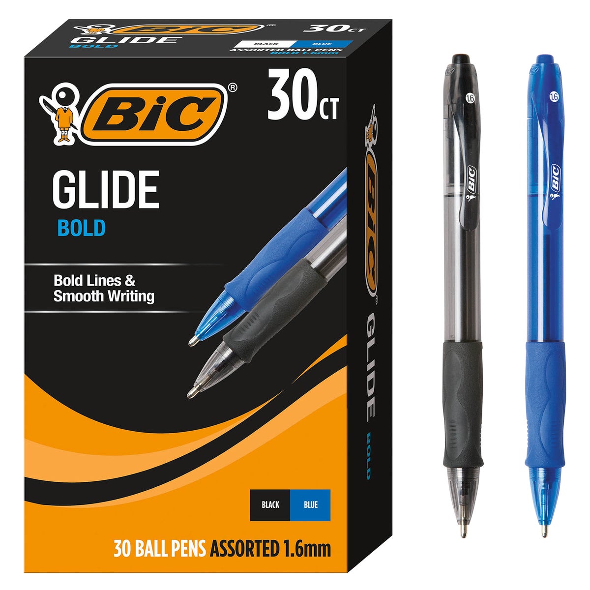 BIC Glide Bold Retractable Ball Point Pen, Bold Point 1.6mm, Black and Blue Ink, 30-count