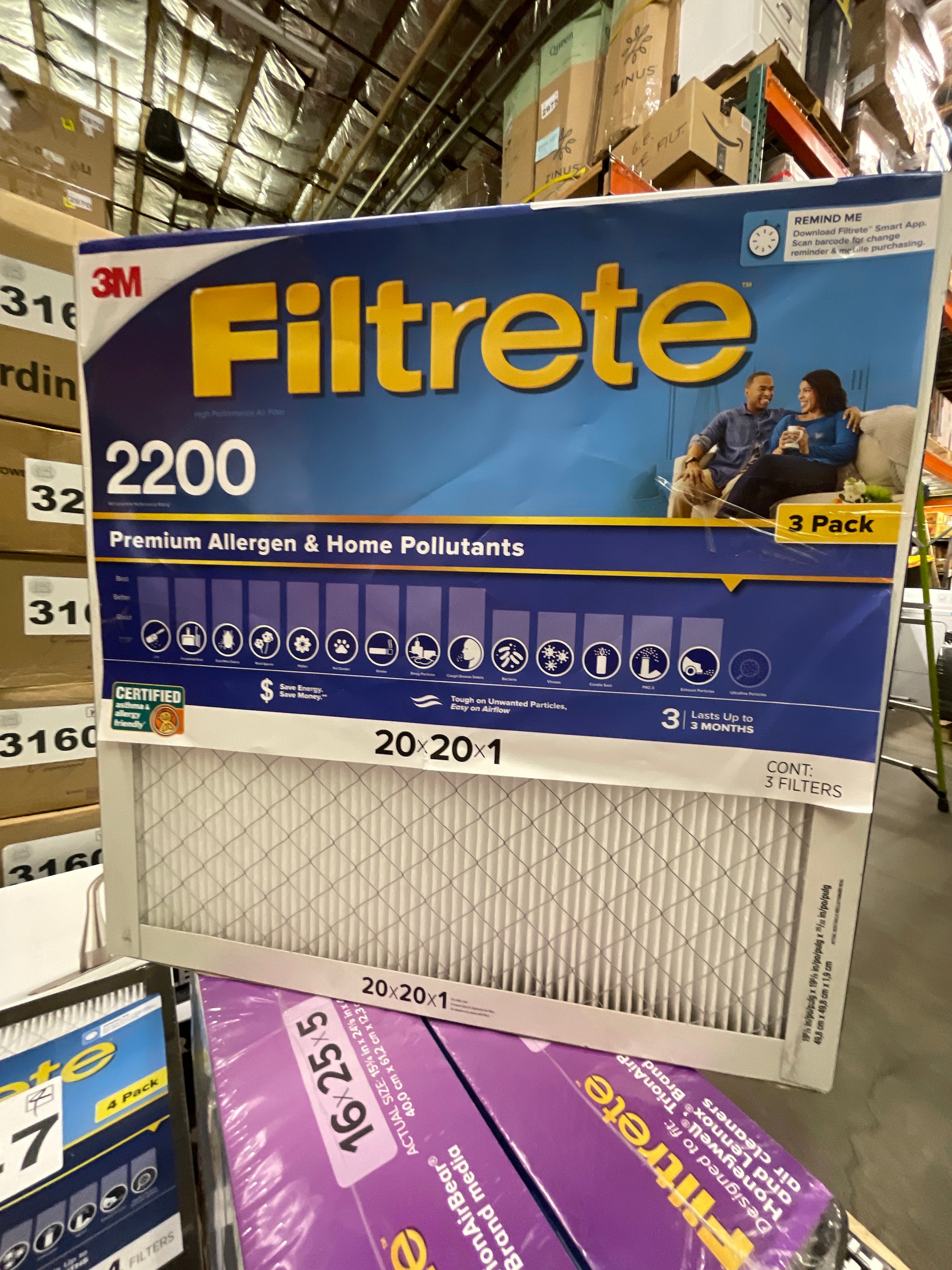 3M Filtrete 2200 Series Ultra Allergen Air Filter, 20" x 20", 3 ct - Retail