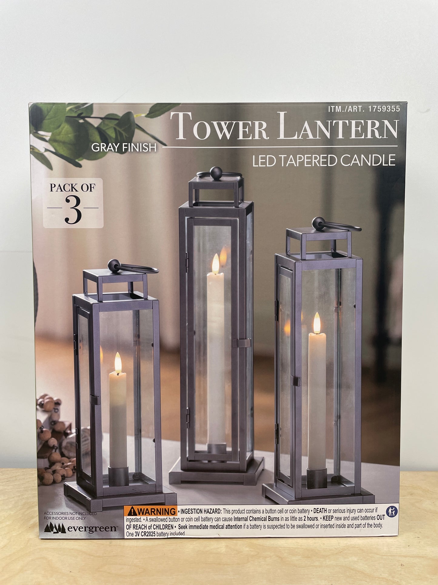Tower Lantern 3 Pack LED Tapered Candle, Gray Finish