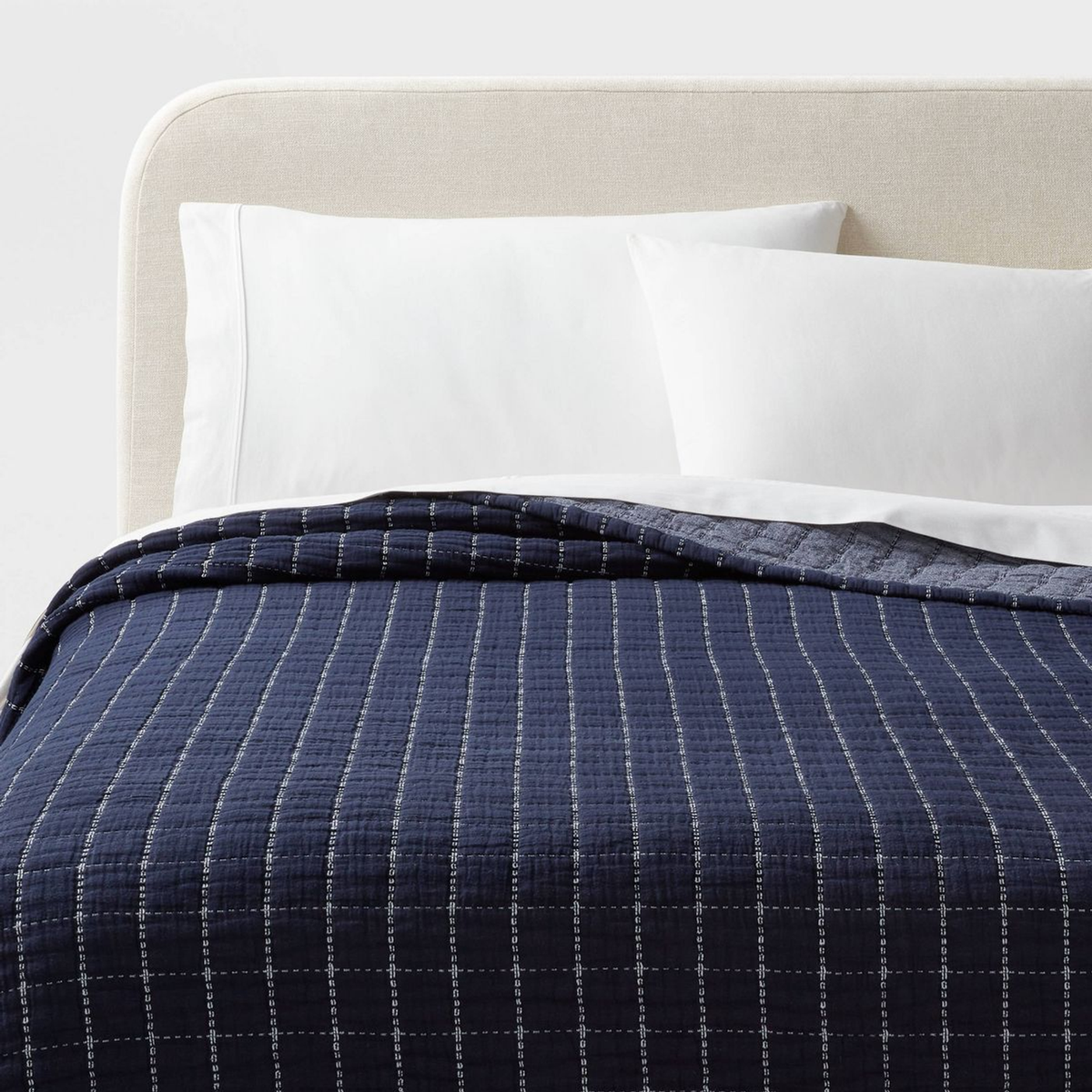 King Yarn Dye Crinkle Grid Quilt Navy Blue/Ivory - Threshold™: Percale, Machine Washable, OEKO-TEX Certified