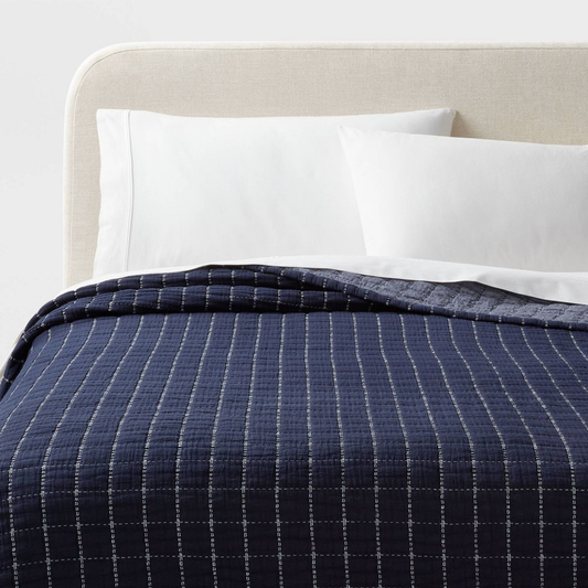 King Yarn Dye Crinkle Grid Quilt Navy Blue/Ivory - Threshold™: Percale, Machine Washable, OEKO-TEX Certified
