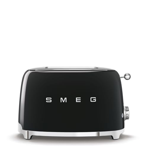 SMEG 4 Slice Toaster TSF02, Long Slot Toaster with Wide Slots for Bagels & Artisan Bread, Retro Stainless Steel, 6 Browning Levels, Defrost Reheat Bagel Functions, 1400W - (Black)