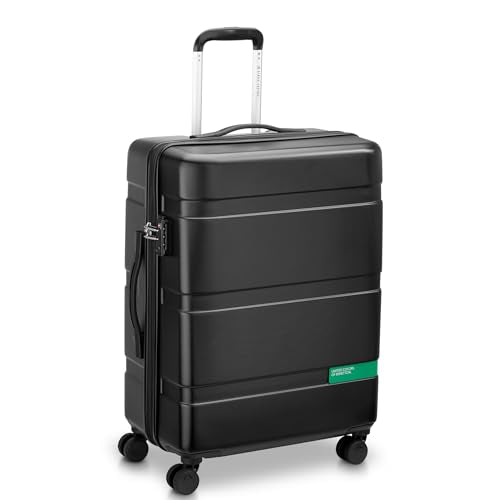NEW - United Colors of Benetton Now! Hardside Luggage with Spinner Wheels, Black, Checked-Medium 23 Inch