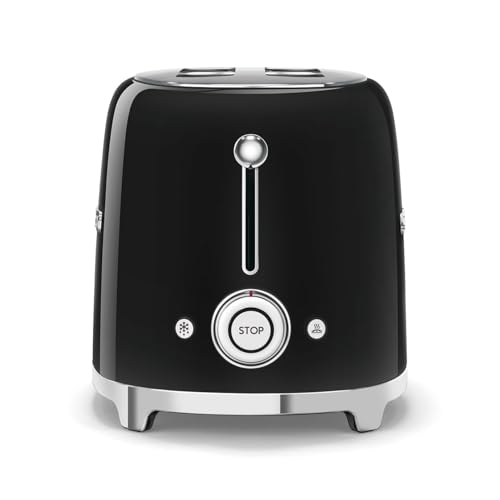 SMEG 4 Slice Toaster TSF02, Long Slot Toaster with Wide Slots for Bagels & Artisan Bread, Retro Stainless Steel, 6 Browning Levels, Defrost Reheat Bagel Functions, 1400W - (Black)
