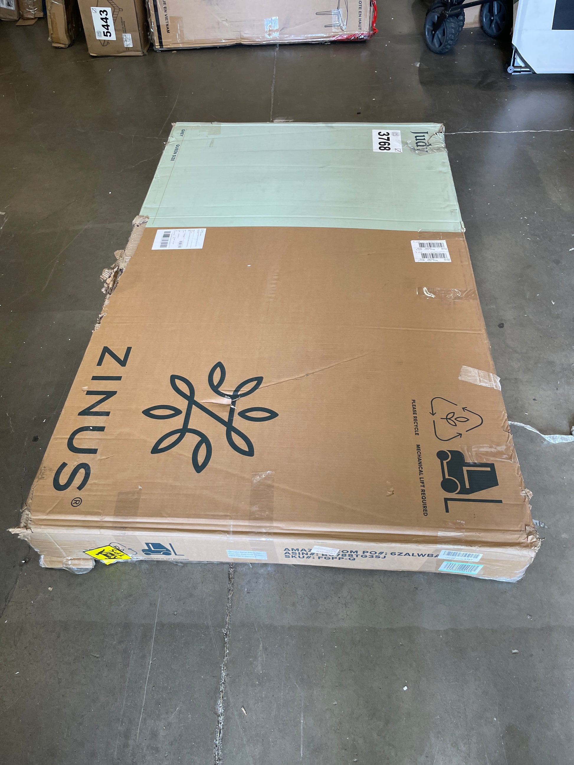 Zinus Judy Upholstered Platform Bed Frame / Mattress Foundation / Wood Slat Support / No Box Spring Needed / Easy Assembly, Queen,Grey - Retail $269