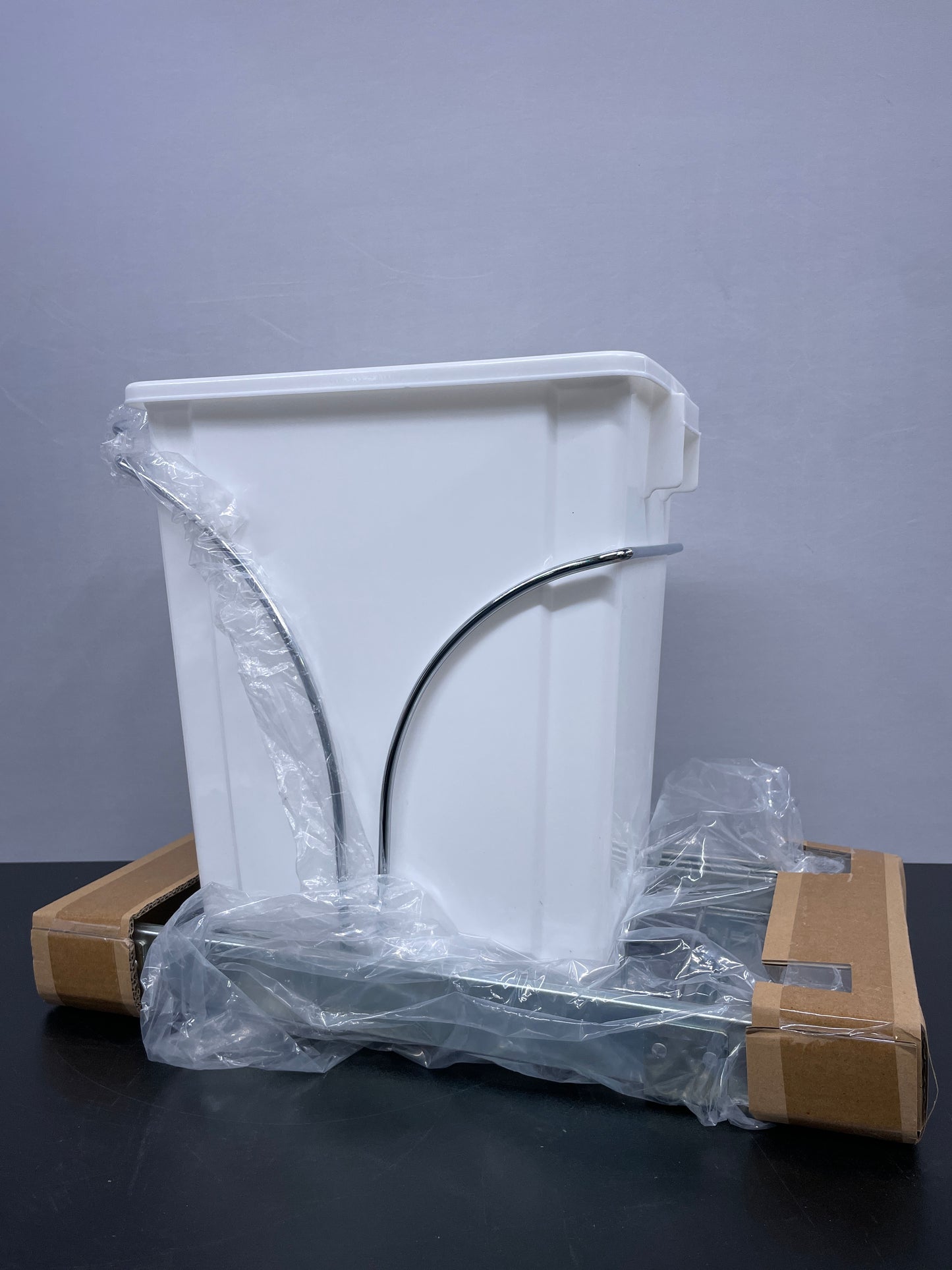 Household Essentials Glidez Chrome-Plated Steel Pull-Out/Slide-Out Discreet Single 5 Gallon Plastic Trash Can for Under Cabinet Use - Fits Standard Size Cabinet, Chrome and White - Retail $53