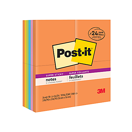 Post-it® Super Sticky Notes, 3 x 3 in, 24 Sticky Note Pads, 90 Sheets/Pad, 2x the Sticking Power, Back to School Supplies, Energy Boost
