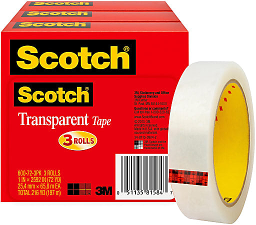 Scotch® Transparent Tape, 1 x 2592 in, 3 Tape Rolls, Clear, Back to School Supplies, College Supplies, and Teacher Supplies