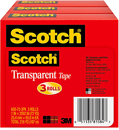 Scotch® Transparent Tape, 1 x 2592 in, 3 Tape Rolls, Clear, Back to School Supplies, College Supplies, and Teacher Supplies