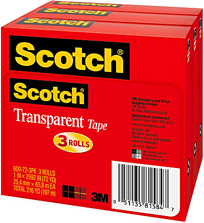 Scotch® Transparent Tape, 1 x 2592 in, 3 Tape Rolls, Clear, Back to School Supplies, College Supplies, and Teacher Supplies
