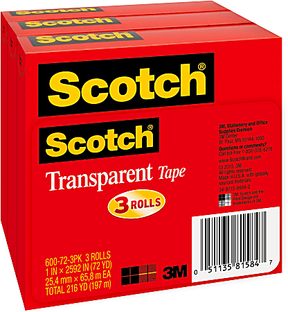 Scotch® Transparent Tape, 1 x 2592 in, 3 Tape Rolls, Clear, Back to School Supplies, College Supplies, and Teacher Supplies