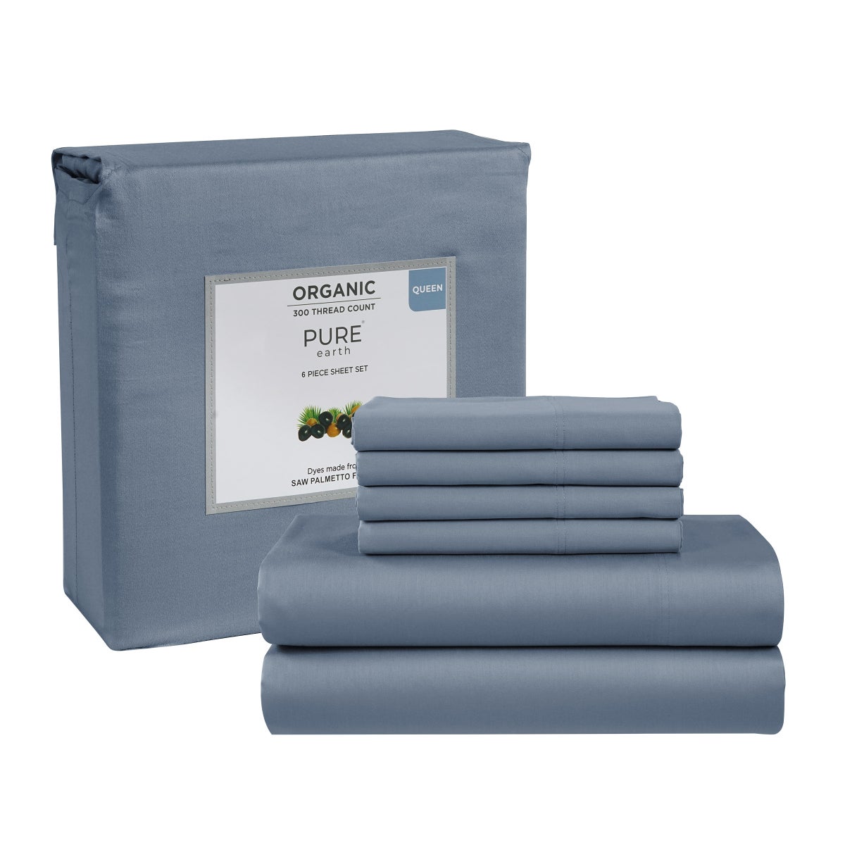 QUEEN, Blue, Pure Earth Organic 300 Thread Count 6-piece Sheet Set