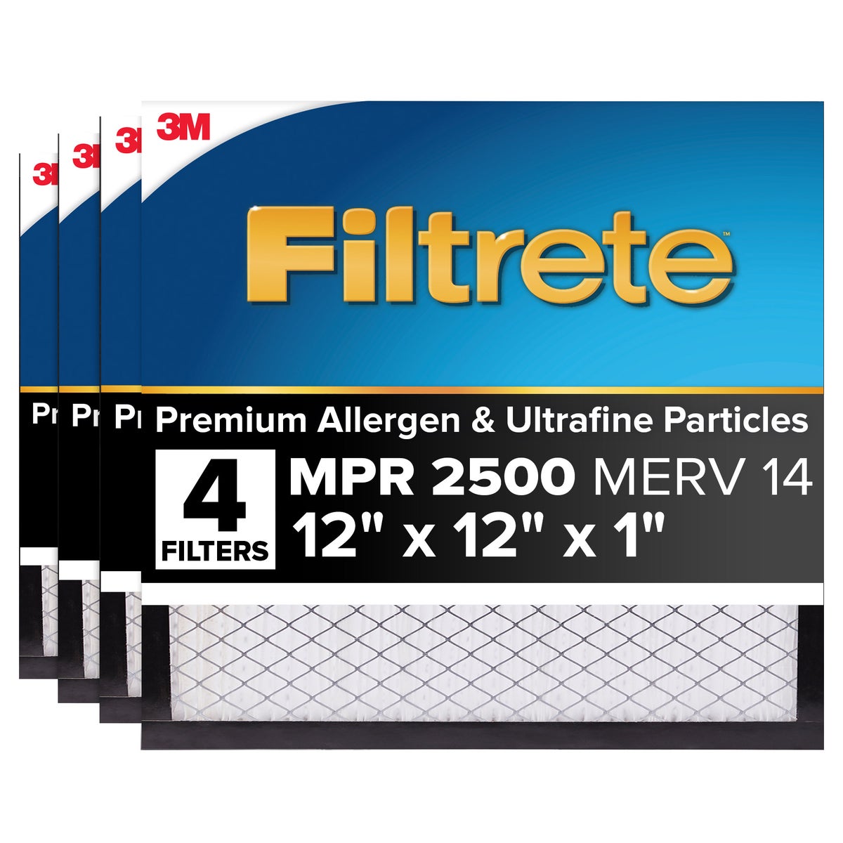 Filtrete Air Filter 12x12x1 MPR 2500 MERV 14, High Performance Premium Allergen, Ultrafine Particles, Bacteria and Virus Filter, 4-pack