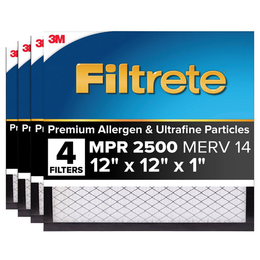 Filtrete Air Filter 12x12x1 MPR 2500 MERV 14, High Performance Premium Allergen, Ultrafine Particles, Bacteria and Virus Filter, 4-pack