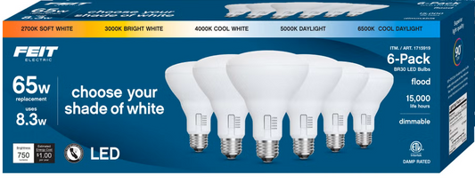 Feit Electric 65W Replacement 5-CCT LED BR30 Bulbs, 6-pack