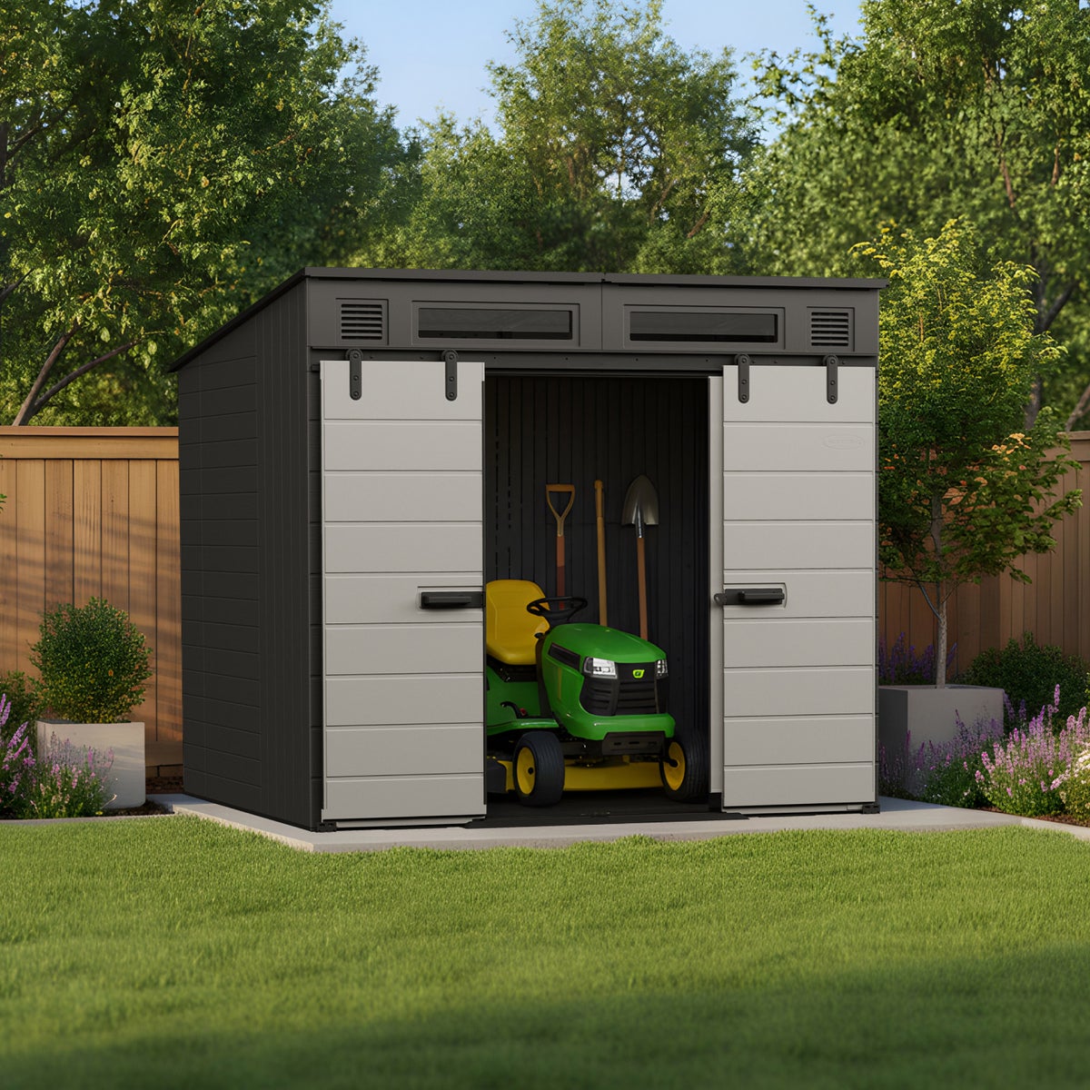 NEW - Suncast Modernist 8'x7' Dual Barn Door Storage Shed