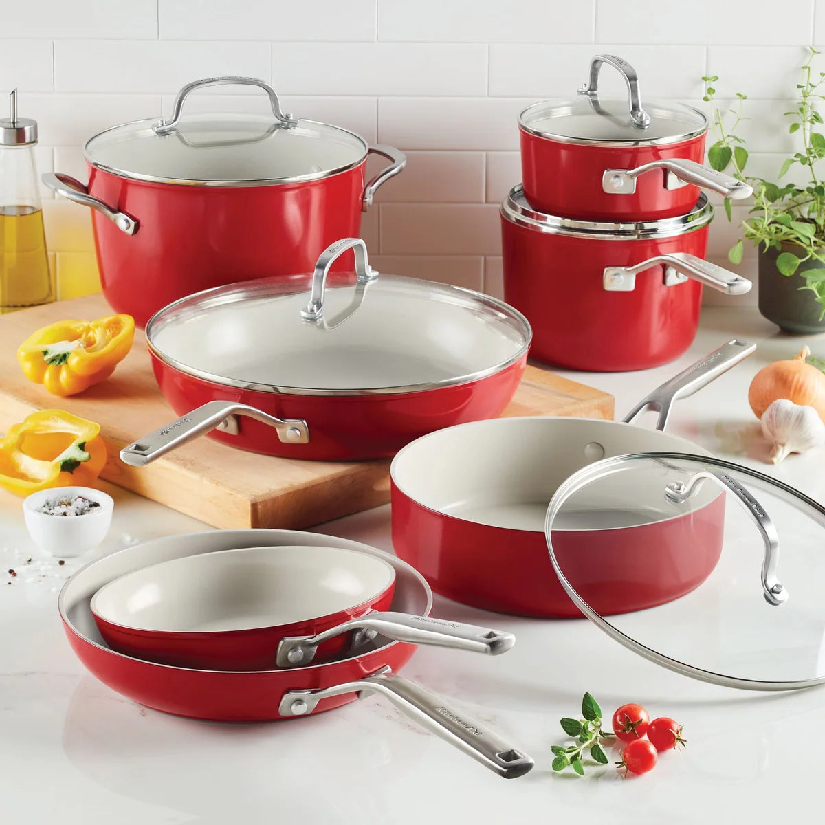 KitchenAid RED 12-piece Hard Anodized Ceramic Non-Stick Cookware Set - Retail $199