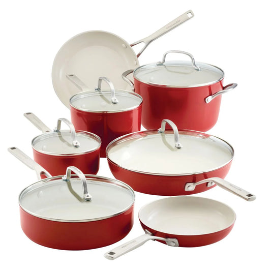 KitchenAid RED 12-piece Hard Anodized Ceramic Non-Stick Cookware Set - Retail $199