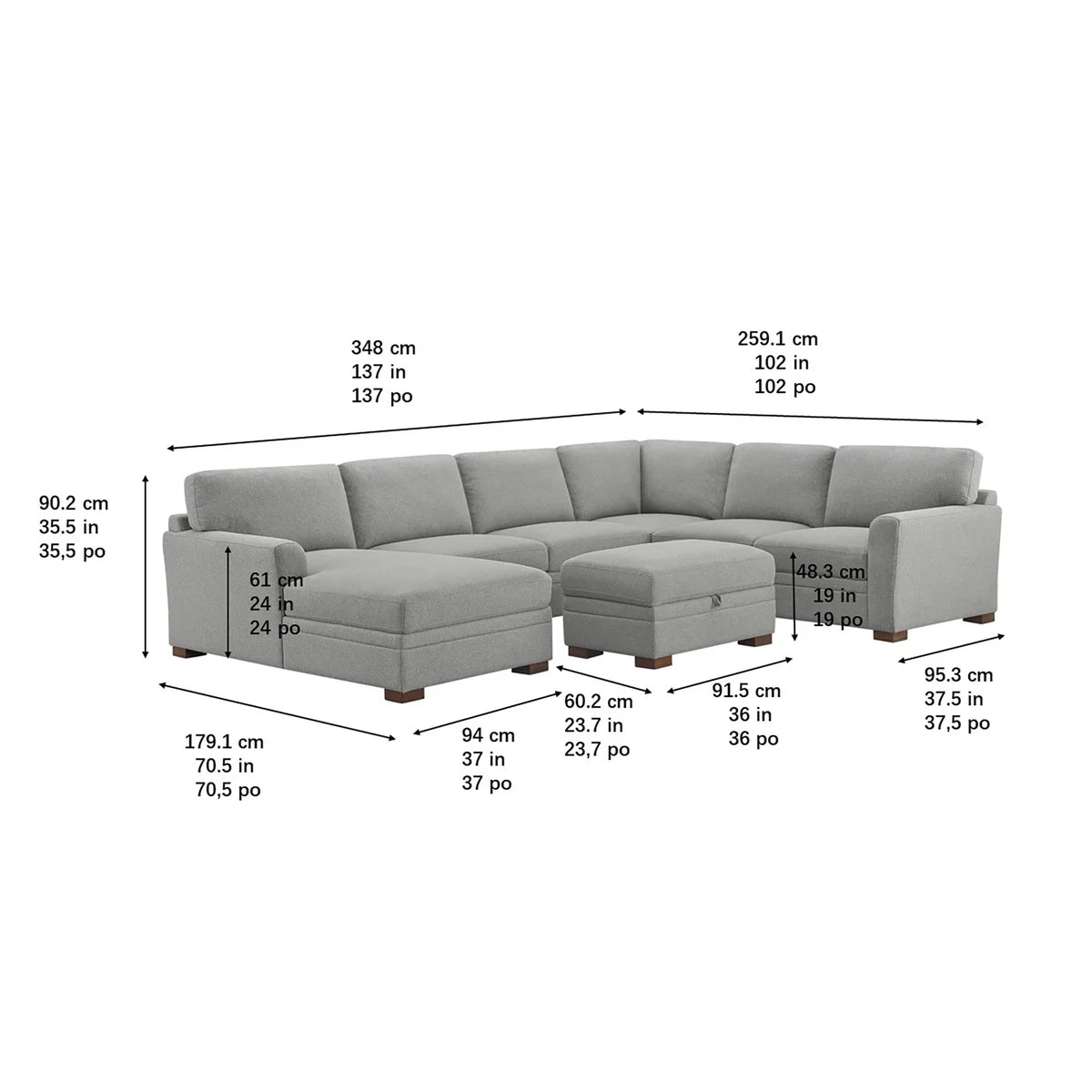 NEW / dmg - Thomasville Langdon Fabric Sectional with Chaise and Storage Ottoman, Gray - Retail $2000