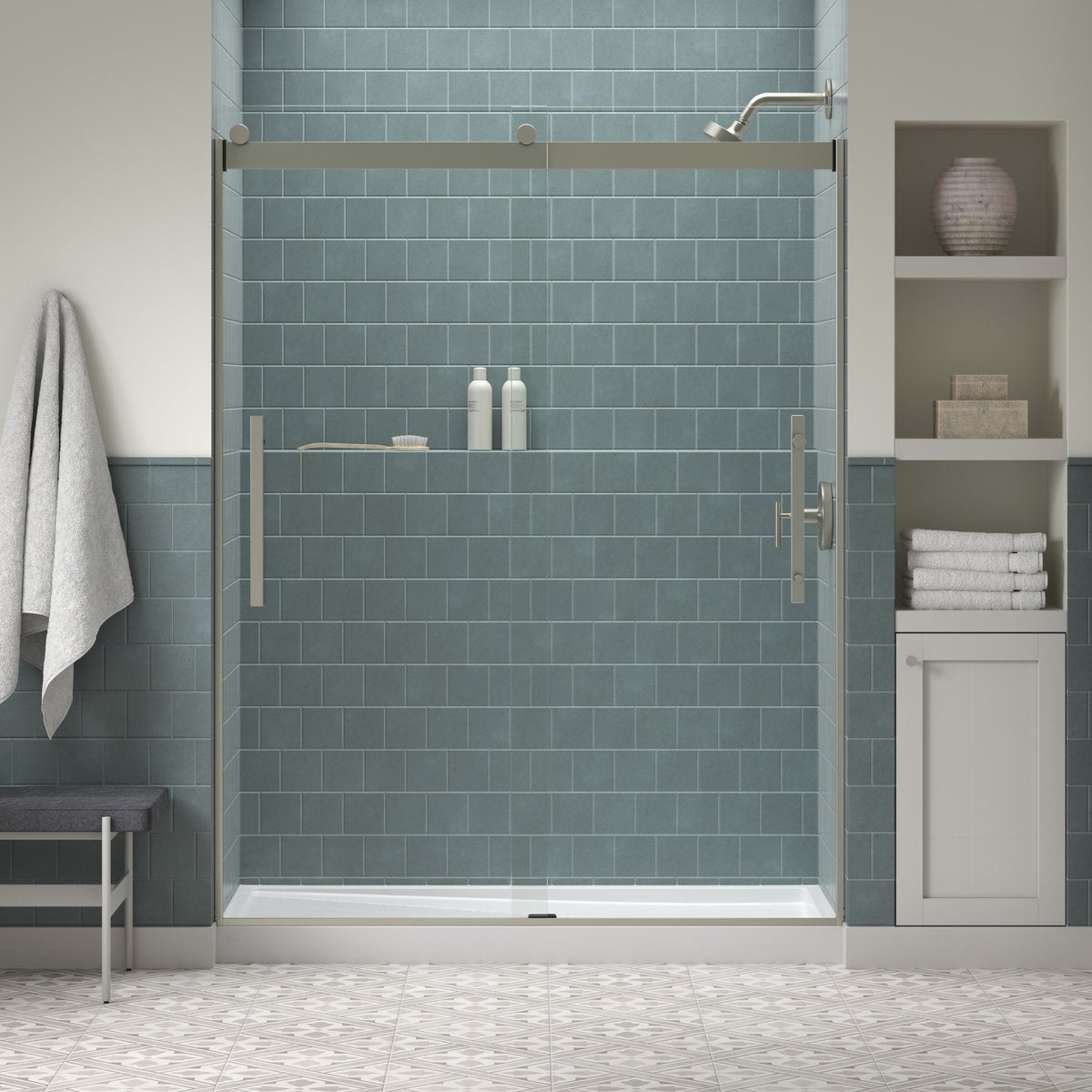 NEW - Kohler Tellin Shower Door 78 in. x 59 in. Brushed Nickel Sliding Shower Door