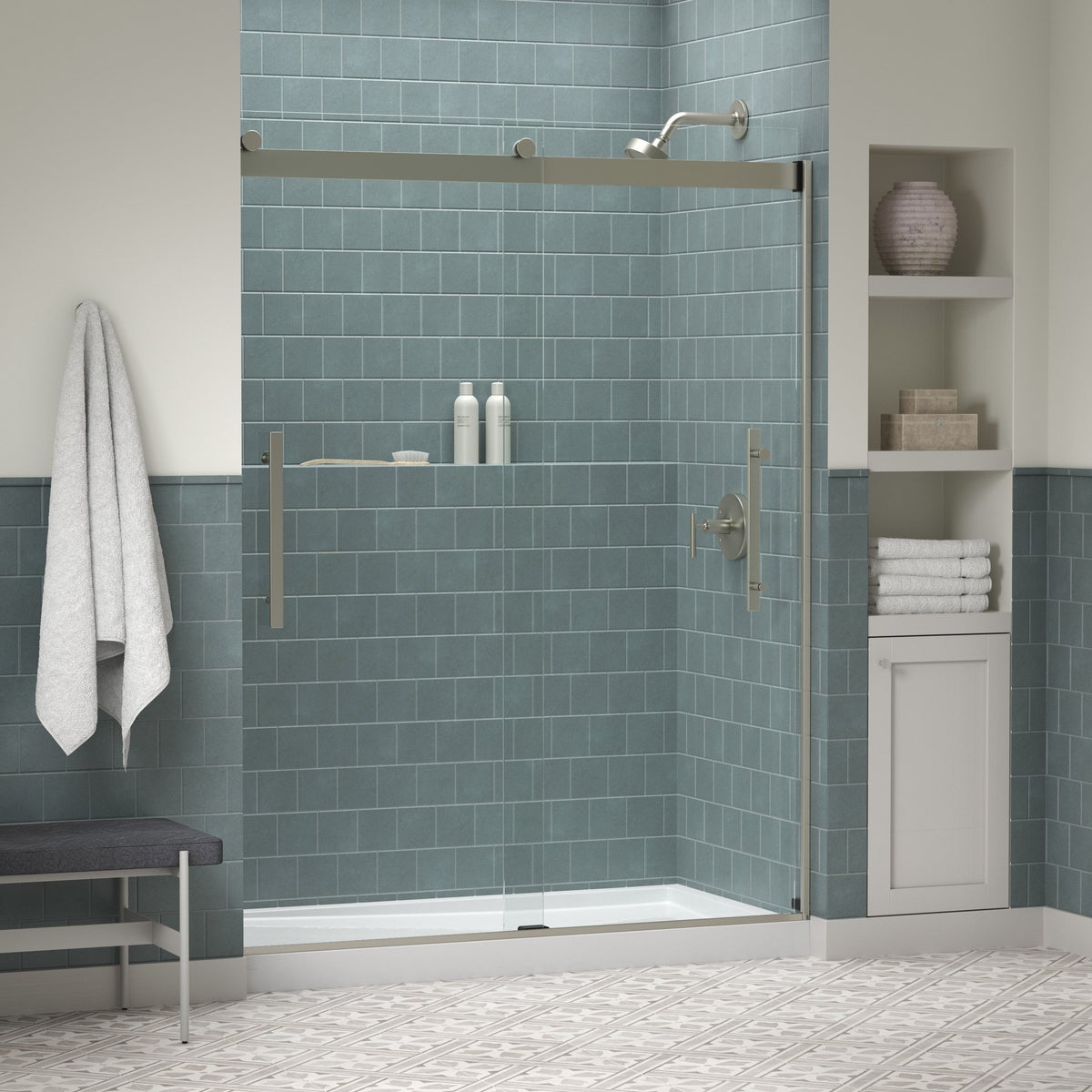 NEW - Kohler Tellin Shower Door 78 in. x 59 in. Brushed Nickel Sliding Shower Door
